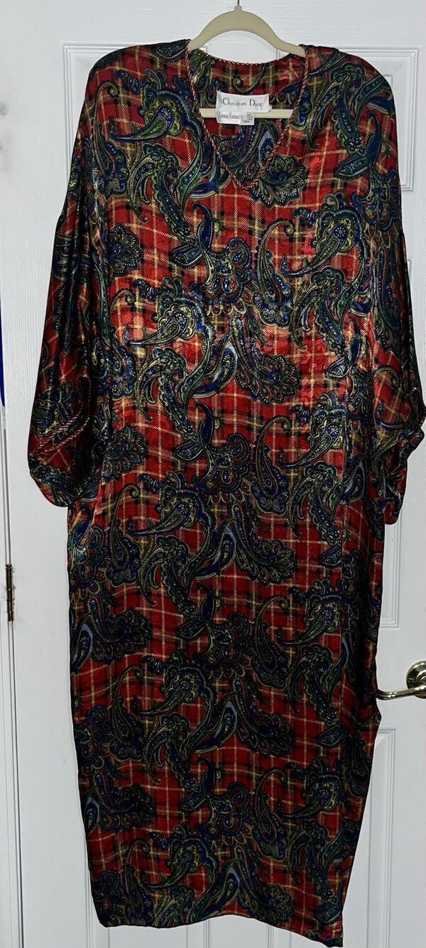 Vintage Christian Dior Neiman Marcus Caftan Luxe Lounge Dress Plaid Paisley SZ L